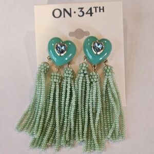 On 34th Green Heart Tassel Earrings Beads Rhinestone Fringe